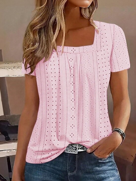 MODA ME COUTURE Tops - Pink Casual Women's Embroidered Square Neck Ruched Front Short Sleeve T-Shirt